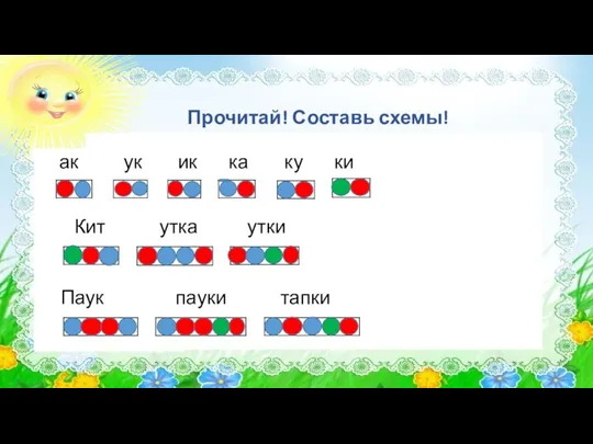 Прочитай! Составь схемы! ак ук ик ка ку ки Кит утка утки Паук пауки тапки