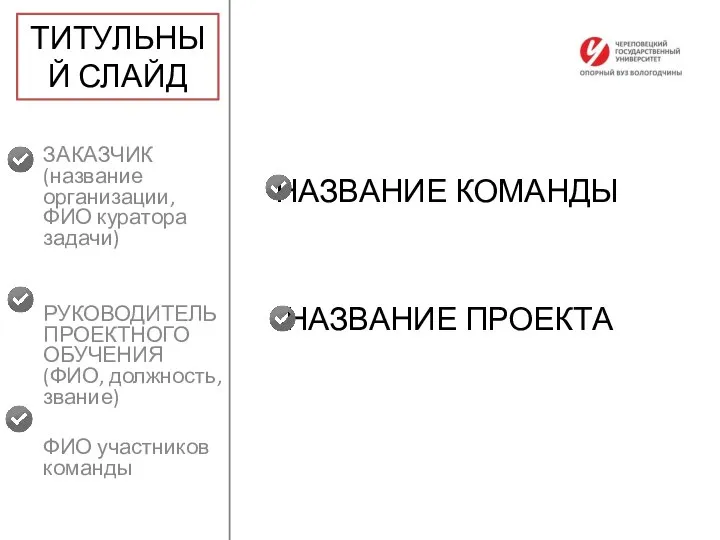 НАЗВАНИЕ КОМАНДЫ ЗАКАЗЧИК (название организации, ФИО куратора задачи) РУКОВОДИТЕЛЬ ПРОЕКТНОГО ОБУЧЕНИЯ (ФИО,