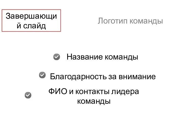 Благодарность за внимание Завершающий слайд ФИО и контакты лидера команды Название команды Логотип команды