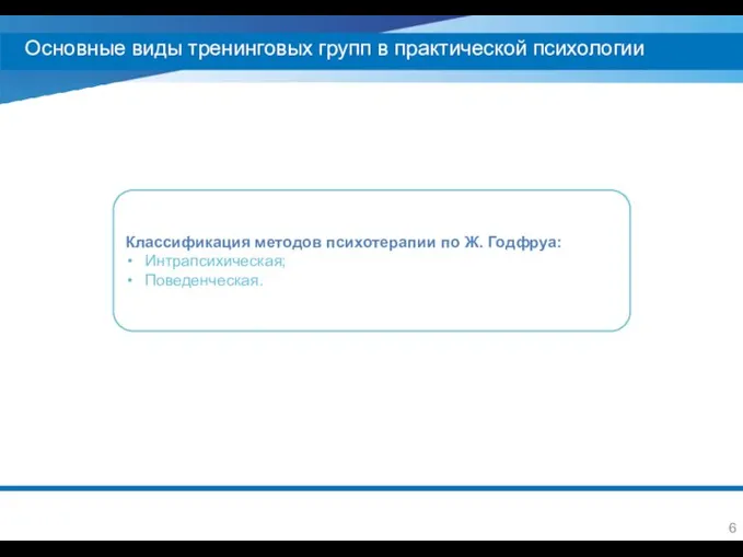 Основные виды тренинговых групп в практической психологии Классификация методов психотерапии по Ж. Годфруа: Интрапсихическая; Поведенческая.