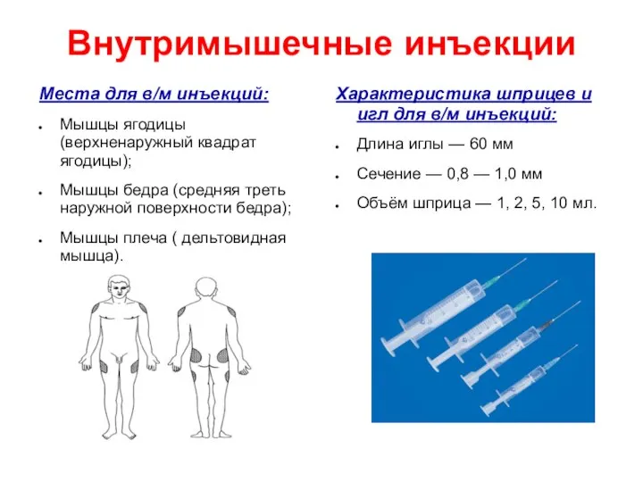 Внутримышечные инъекции Места для в/м инъекций: Мышцы ягодицы (верхненаружный квадрат ягодицы); Мышцы