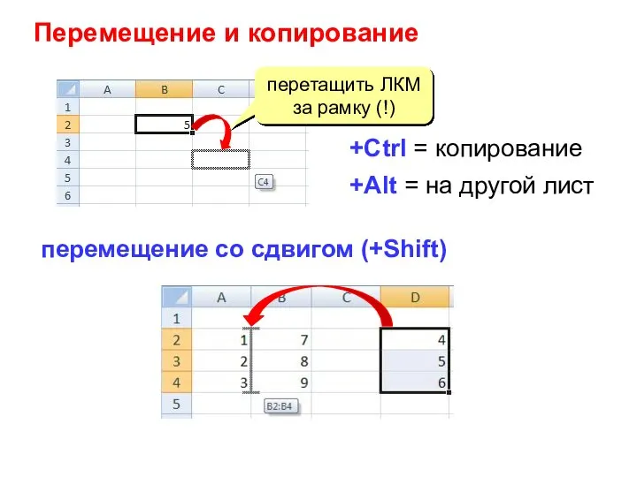 Перемещение и копирование перетащить ЛКМ за рамку (!) +Ctrl = копирование +Alt