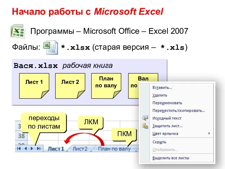 Начало работы с Microsoft Excel Программы – Microsoft Office – Excel 2007