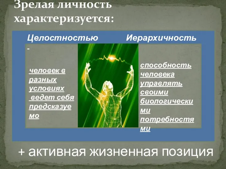 Зрелая личность характеризуется: Целостностью - человек в разных условиях ведет себя предсказуемо