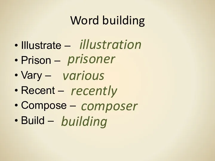 Word building Illustrate – Prison – Vary – Recent – Compose –