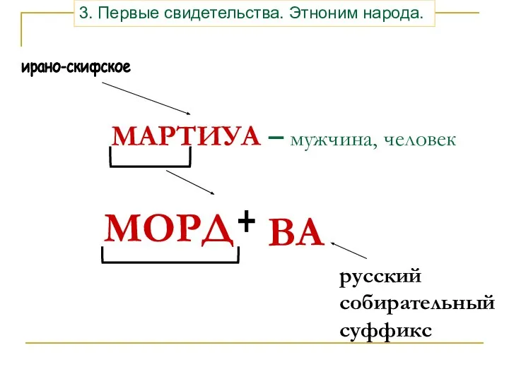 МАРТИУА – мужчина, человек 3. Первые свидетельства. Этноним народа. ирано-скифское МОРД + ВА русский собирательный суффикс