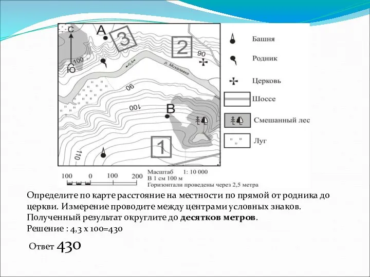 Определите по карте расстояние на местности по прямой от родника до церкви.