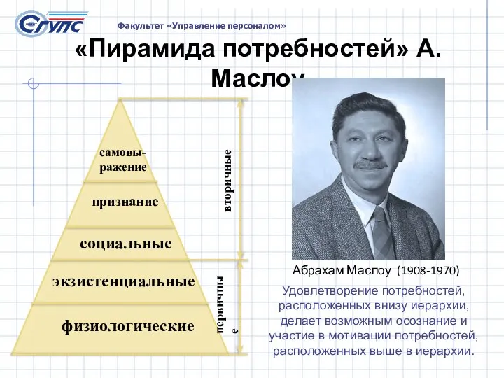 «Пирамида потребностей» А. Маслоу физиологические экзистенциальные социальные признание самовы-ражение первичные вторичные Удовлетворение