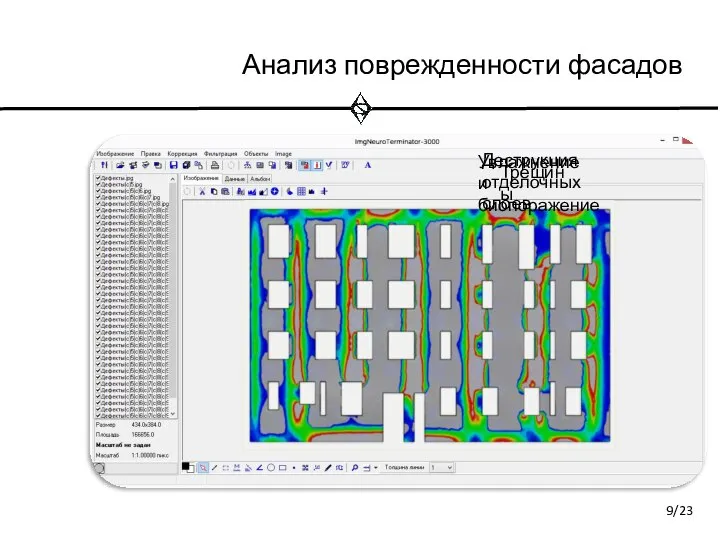 Анализ поврежденности фасадов Деструкция отделочных слоев Трещины Увлажнение и биопоражение