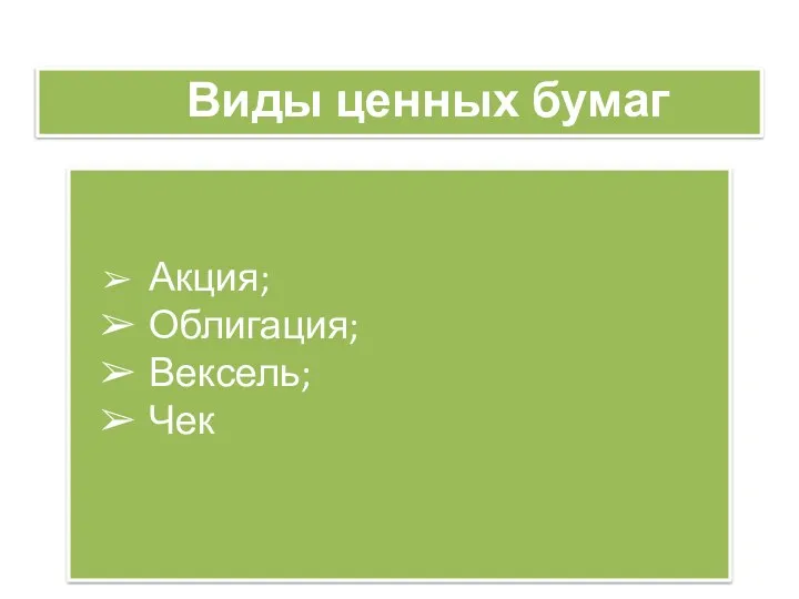 Виды ценных бумаг Акция; Облигация; Вексель; Чек