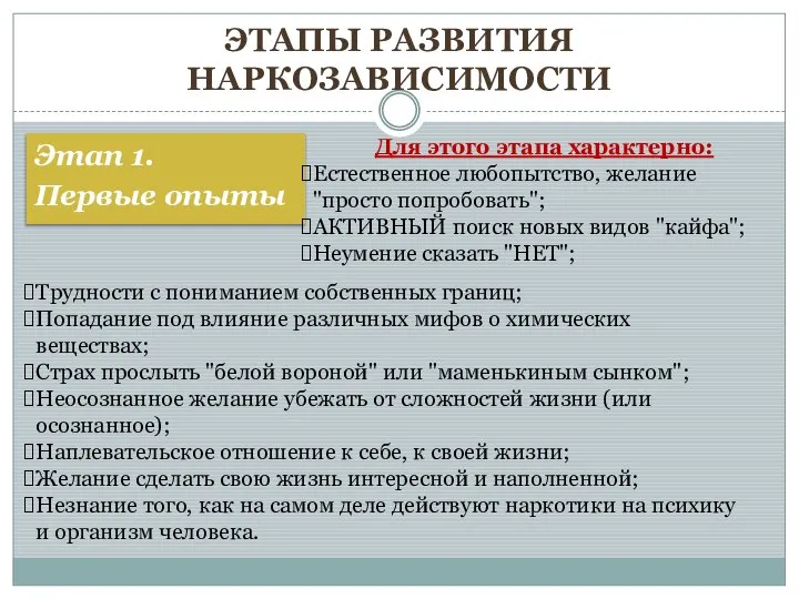 ЭТАПЫ РАЗВИТИЯ НАРКОЗАВИСИМОСТИ Этап 1. Первые опыты Трудности с пониманием собственных границ;