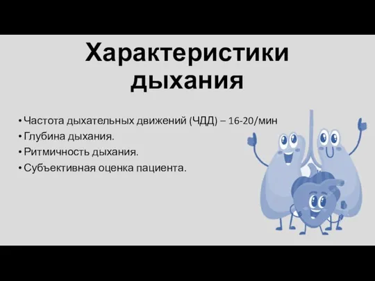 Характеристики дыхания Частота дыхательных движений (ЧДД) – 16-20/мин Глубина дыхания. Ритмичность дыхания. Субъективная оценка пациента.