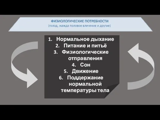 Нормальное дыхание Питание и питьё Физиологические отправления Сон Движение Поддержание нормальной температуры тела