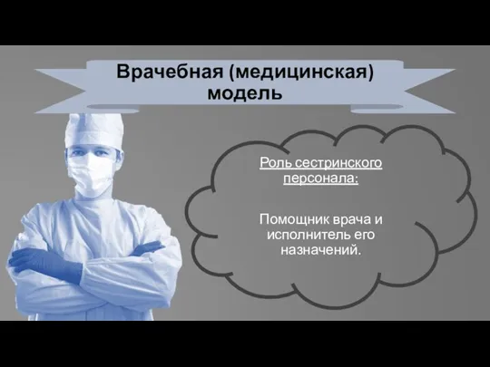 Врачебная (медицинская) модель Роль сестринского персонала: Помощник врача и исполнитель его назначений.