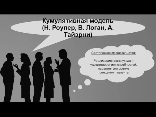 Кумулятивная модель (Н. Роупер, В. Логан, А. Тайэрни) Сестринское вмешательства: Реализация плана