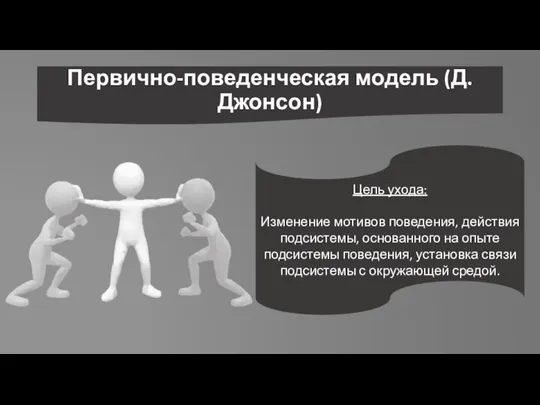 Первично-поведенческая модель (Д. Джонсон) Цель ухода: Изменение мотивов поведения, действия подсистемы, основанного