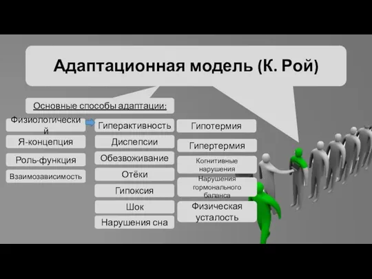 Адаптационная модель (К. Рой) Основные способы адаптации: Физиологический Я-концепция Роль-функция Взаимозависимость Гиперактивность