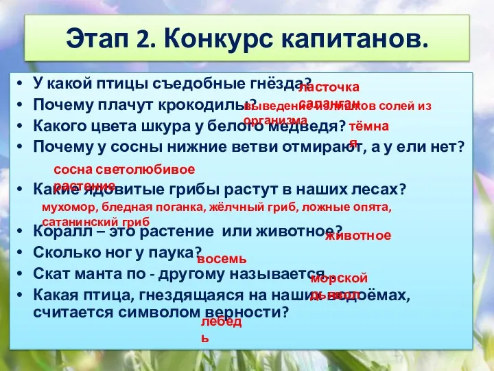 Этап 2. Конкурс капитанов. У какой птицы съедобные гнёзда? Почему плачут крокодилы?