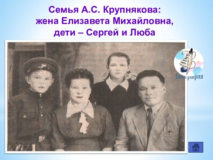 Семья А.С. Крупнякова: жена Елизавета Михайловна, дети – Сергей и Люба