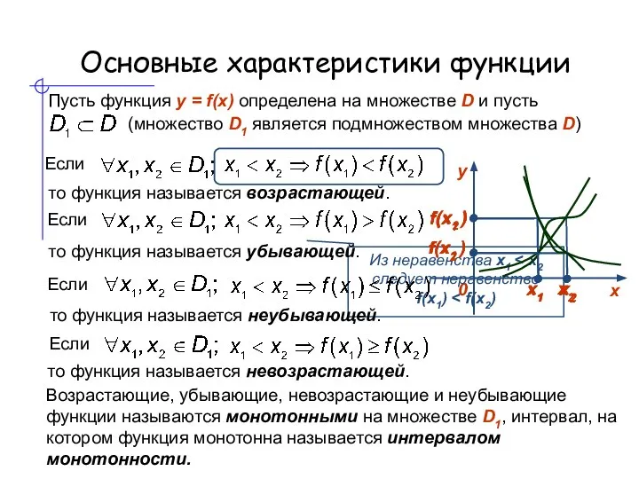 Основные характеристики функции то функция называется возрастающей. Если Если то функция называется