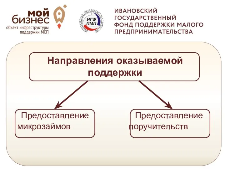 Предоставление Предоставление микрозаймов поручительств Направления оказываемой поддержки