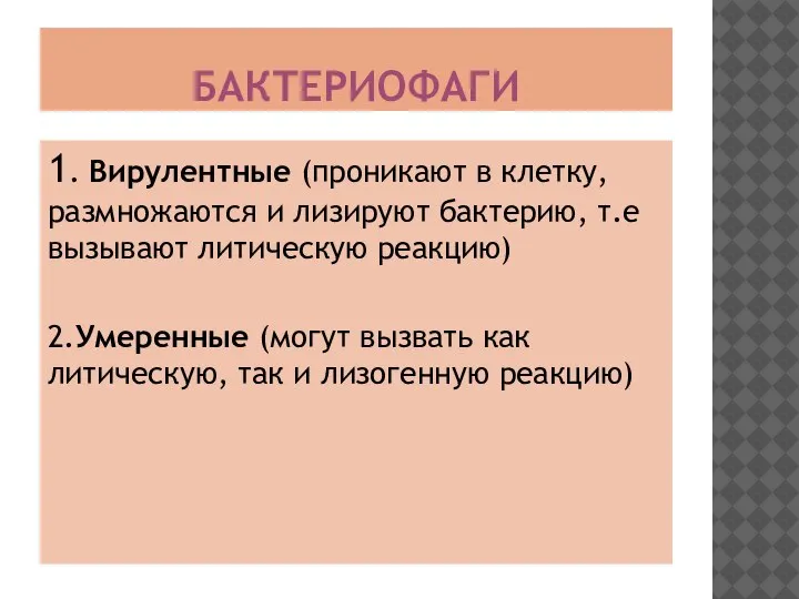 БАКТЕРИОФАГИ 1. Вирулентные (проникают в клетку, размножаются и лизируют бактерию, т.е вызывают