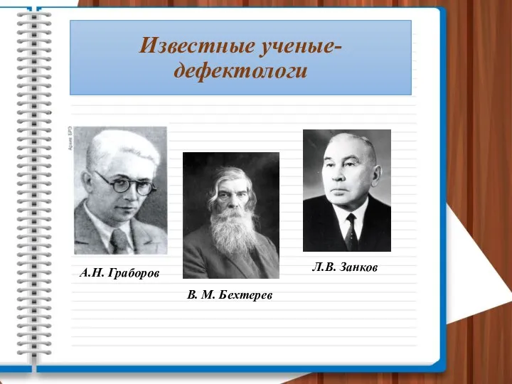 Известные ученые-дефектологи В. М. Бехтерев Л.В. Занков А.Н. Граборов