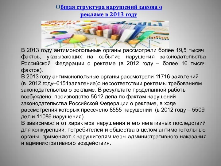 Общая структура нарушений закона о рекламе в 2013 году В 2013 году