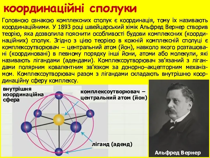 Альфред Вернер Головною ознакою комплексних сполук є координація, тому їх називають координаційними.