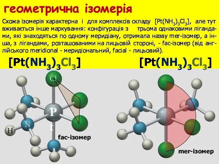 mer-ізомер fac-ізомер Схожа ізомерія характерна і для комплексів складу [Pt(NH3)3Cl3], але тут