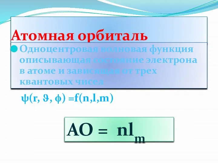 Атомная орбиталь Одноцентровая волновая функция описывающая состояние электрона в атоме и зависящая