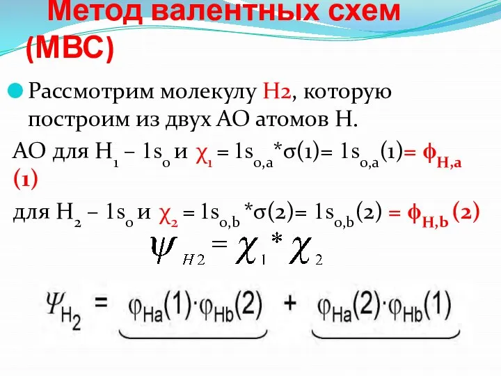 Метод валентных схем (МВС) Рассмотрим молекулу Н2, которую построим из двух АО