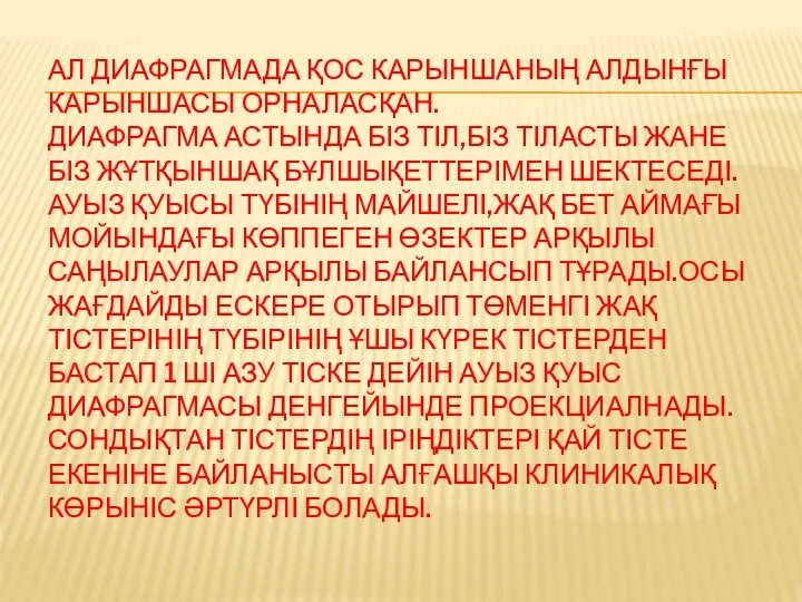 АЛ ДИАФРАГМАДА ҚОС КАРЫНШАНЫҢ АЛДЫНҒЫ КАРЫНШАСЫ ОРНАЛАСҚАН. ДИАФРАГМА АСТЫНДА БІЗ ТІЛ,БІЗ ТІЛАСТЫ