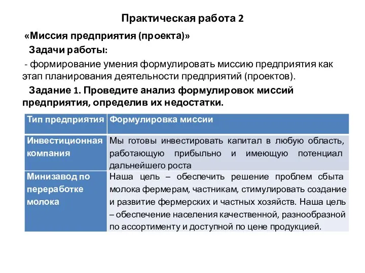 Практическая работа 2 «Миссия предприятия (проекта)» Задачи работы: - формирование умения формулировать