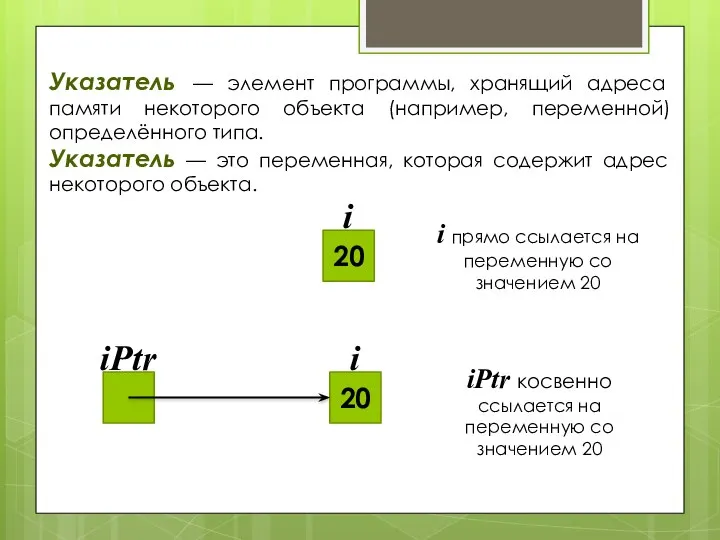 Указатель — элемент программы, хранящий адреса памяти некоторого объекта (например, переменной) определённого