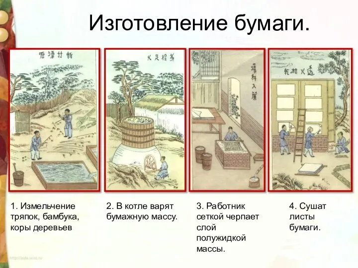 Изготовление бумаги. 1. Измельчение тряпок, бамбука, коры деревьев 2. В котле варят