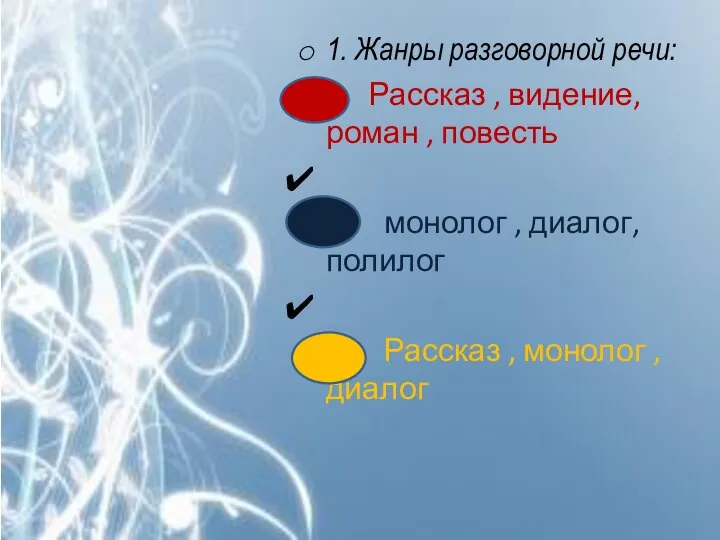 1. Жанры разговорной речи: Рассказ , видение, роман , повесть монолог ,