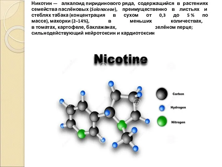 Никотин — алкалоид пиридинового ряда, содержащийся в растениях семейства паслёновых (Solanaceae), преимущественно