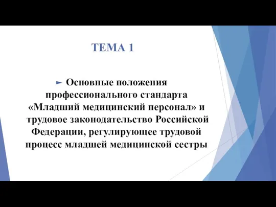 ТЕМА 1 Основные положения профессионального стандарта «Младший медицинский персонал» и трудовое законодательство