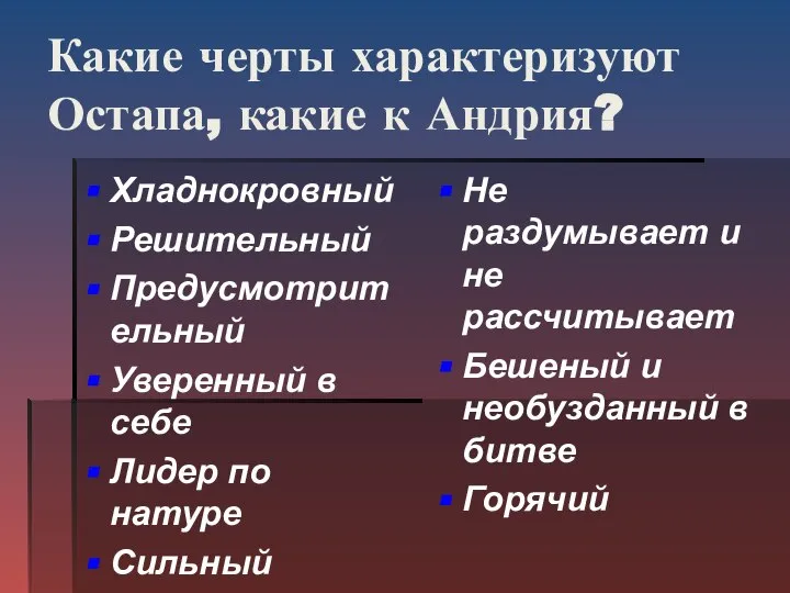 Какие черты характеризуют Остапа, какие к Андрия? Хладнокровный Решительный Предусмотрительный Уверенный в