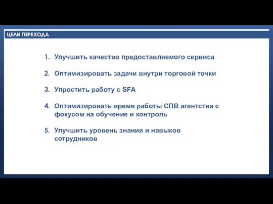 ЦЕЛИ ПЕРЕХОДА Улучшить качество предоставляемого сервиса Оптимизировать задачи внутри торговой точки Упростить