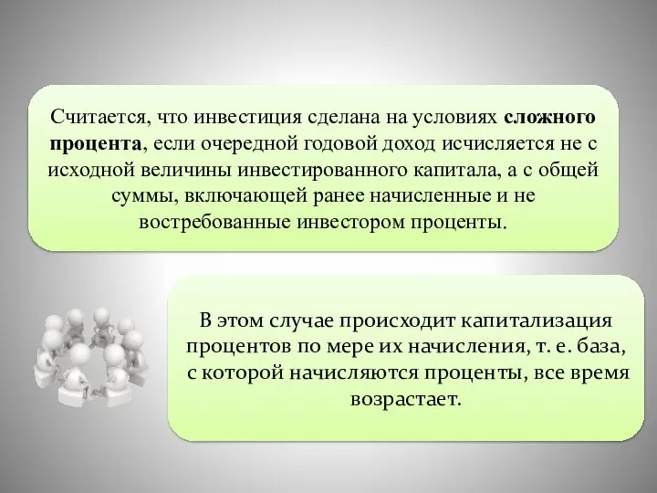 Считается, что инвестиция сделана на условиях сложного процента, если очередной годовой доход