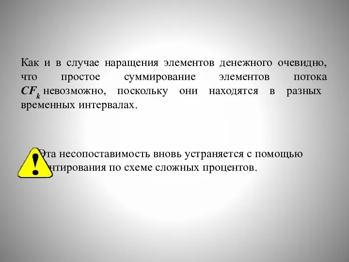 Как и в случае наращения элементов денежного очевидно, что простое суммирование элементов