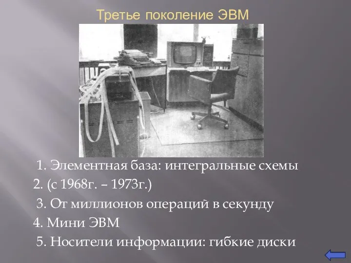 Третье поколение ЭВМ 1. Элементная база: интегральные схемы 2. (с 1968г. –