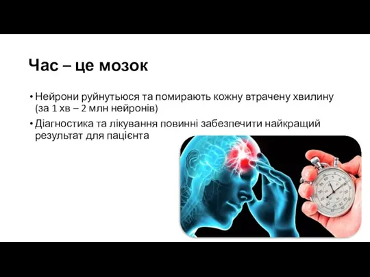 Час – це мозок Нейрони руйнутьюся та помирають кожну втрачену хвилину (за