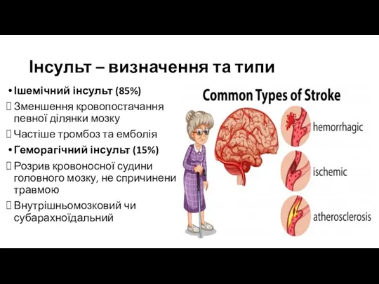 Інсульт – визначення та типи Ішемічний інсульт (85%) Зменшення кровопостачання певної ділянки