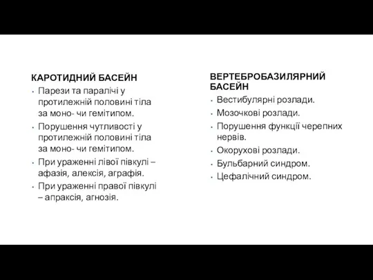 КАРОТИДНИЙ БАСЕЙН Парези та паралічі у протилежній половині тіла за моно- чи