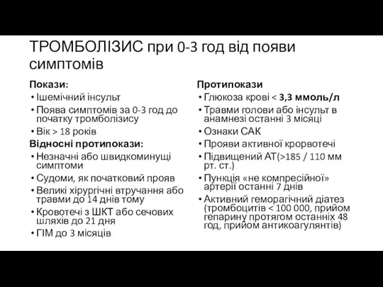 ТРОМБОЛІЗИС при 0-3 год від появи симптомів Покази: Ішемічний інсульт Поява симптомів