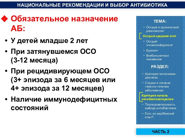 Обязательное назначение АБ: У детей младше 2 лет При затянувшемся ОСО (3-12