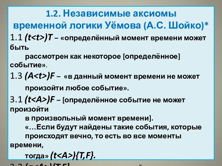 1.2. Независимые аксиомы временной логики Уёмова (А.С. Шойко)* 1.1 (t )T –